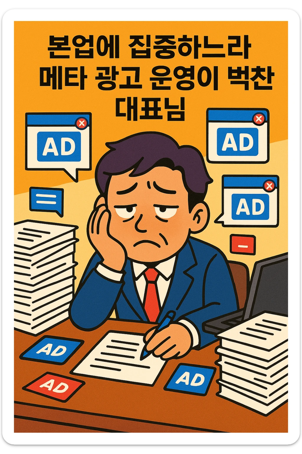 A cartoon of a Korean CEO at a desk, buried in paperwork and digital ad notifications, looking tired, in a vibrant toon style, Korean text: '본업에 집중하느라 메타 광고 운영이 벅찬 대표님', simple background sticker