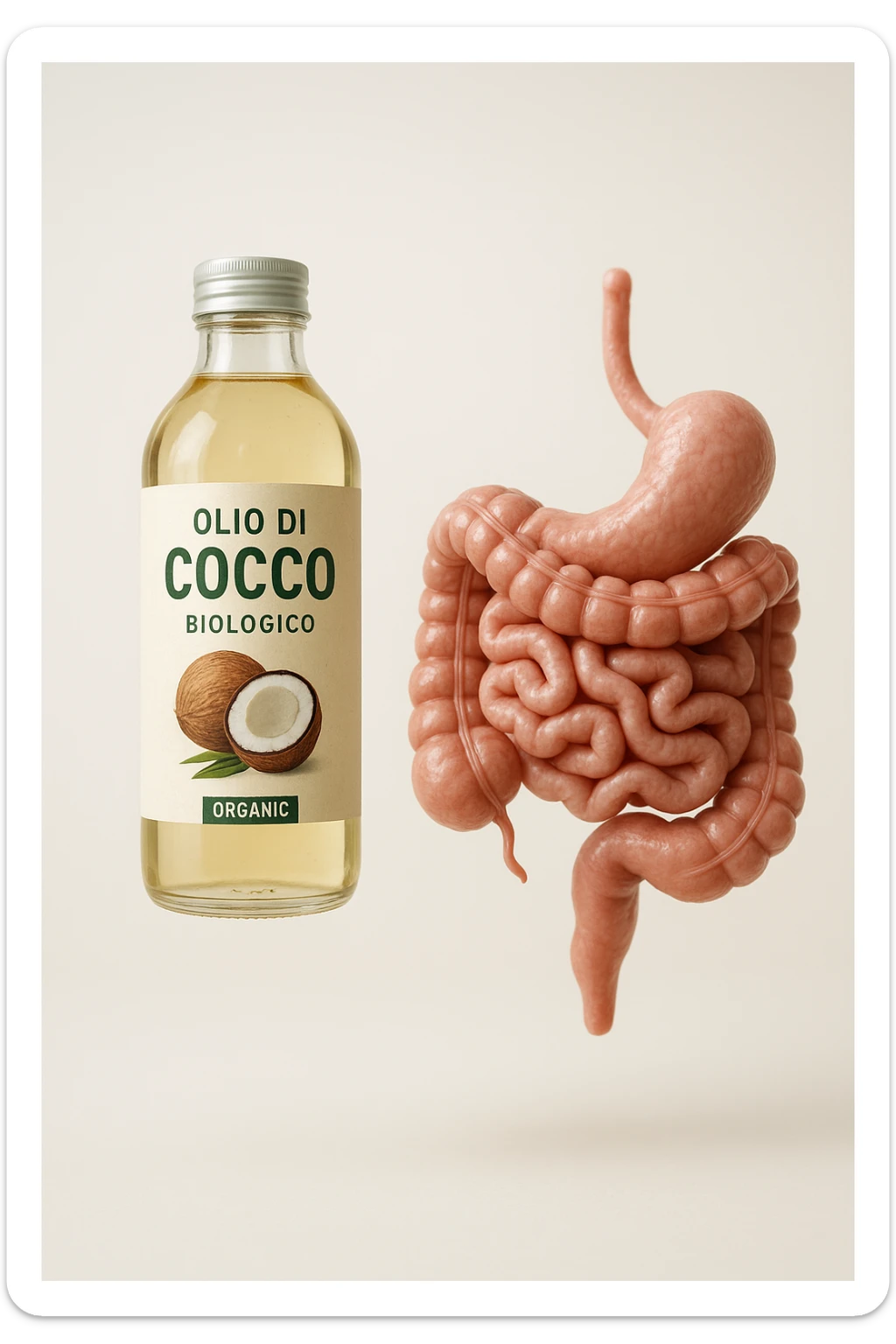 BOCCETTA DI OLIO DI COCCO BIOLOGICO (FAI UN ETICHETTA SUL PRODOTTO IN ITALIANO) CHE FLUTTUA IN ARIA INSIEME A UN INTESTINO UMANO ANATOMICO IN PERFETTA SALUTE, SFONDO CHIARO, iperrealistico 4k sticker