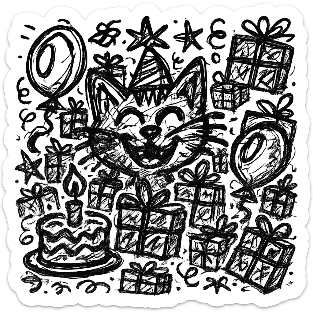 Add more gifts around the kitten, keeping the chaotic outlined style and all original elements intact sticker