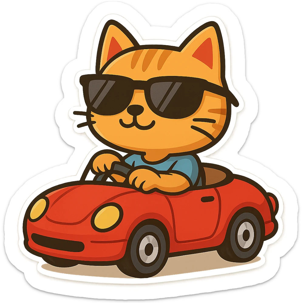 Cool cat wearing sunglasses in a red convertible car, cartoon style, background transparent, chibi stickers style. sticker