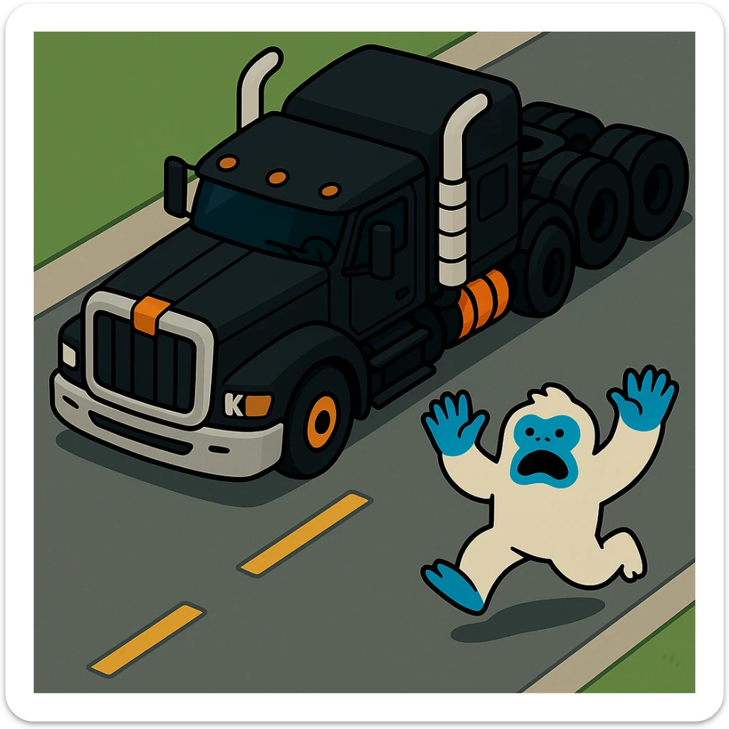 Place the small abominable snowman clearly on a road in front of the black 2026 Kenworth W680 flat top semi sleeper, top-down vibrant toon style, no text, with a visible road background. sticker