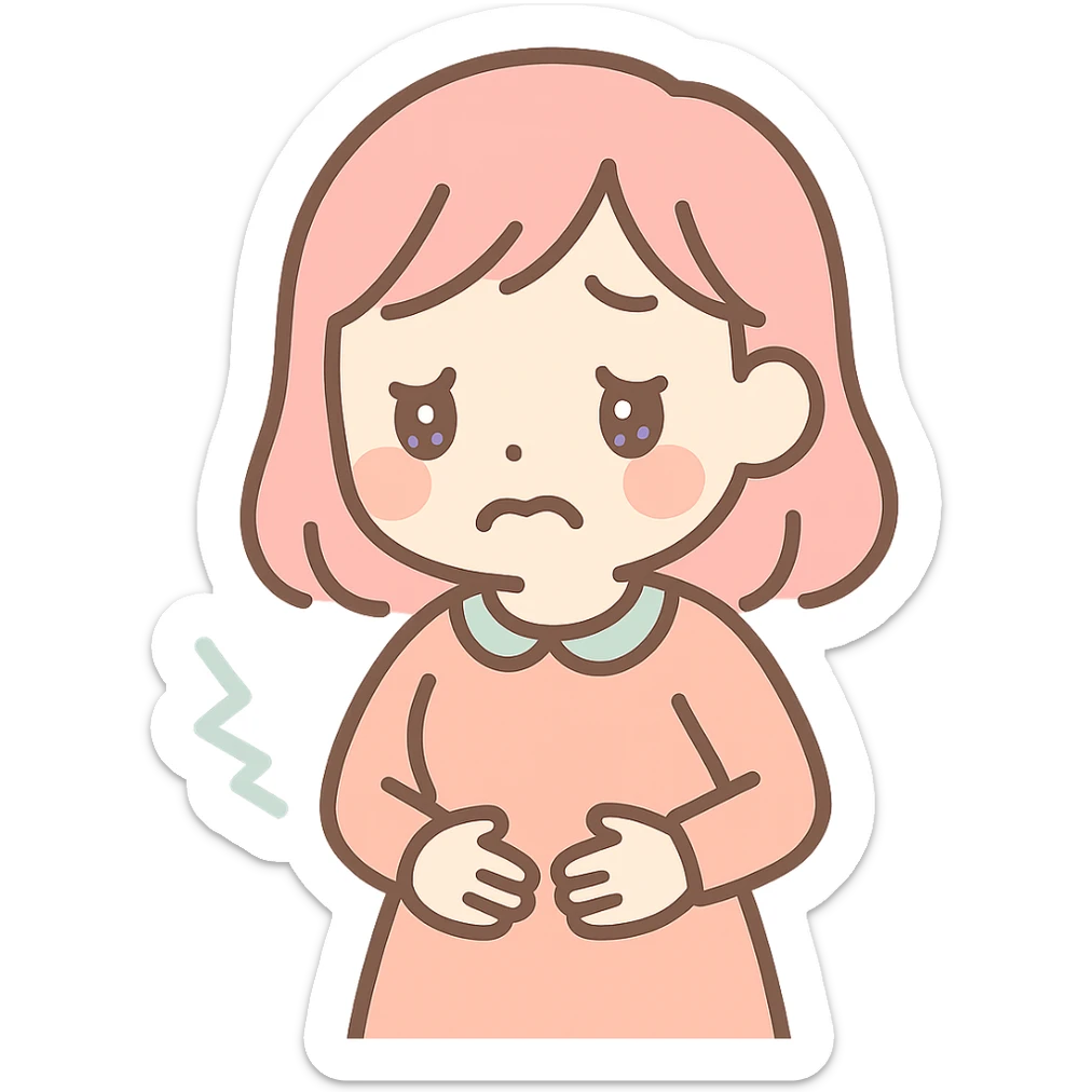 hungry woman holding her belly, face looks very uncomfortable, anime style sticker
