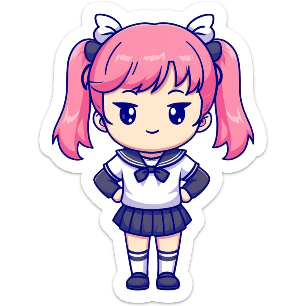 Adorable anime schoolgirl with pink twin tails and big eyes wearing sailor uniform, cute chibi style sticker