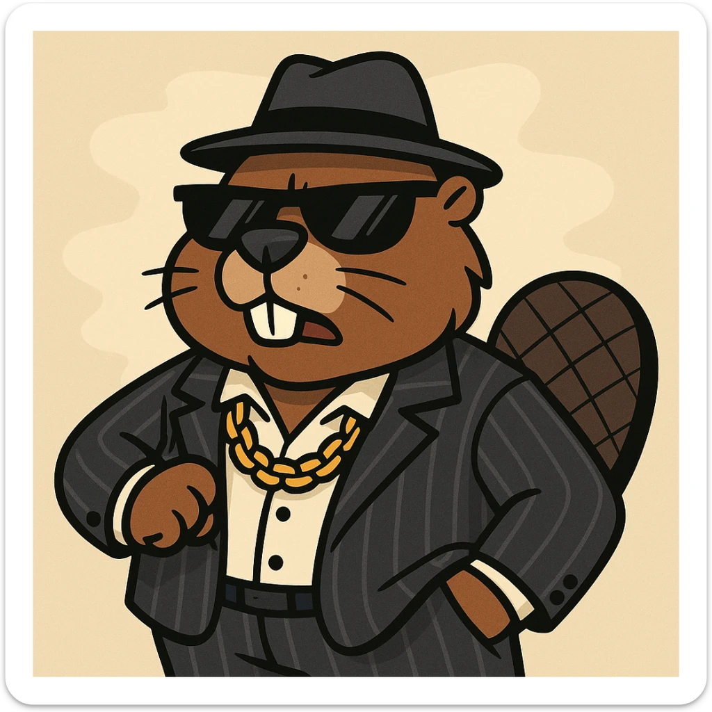 beaver in a pinstripe suit, gold chain, sunglasses, gangster attitude, cartoon style sticker