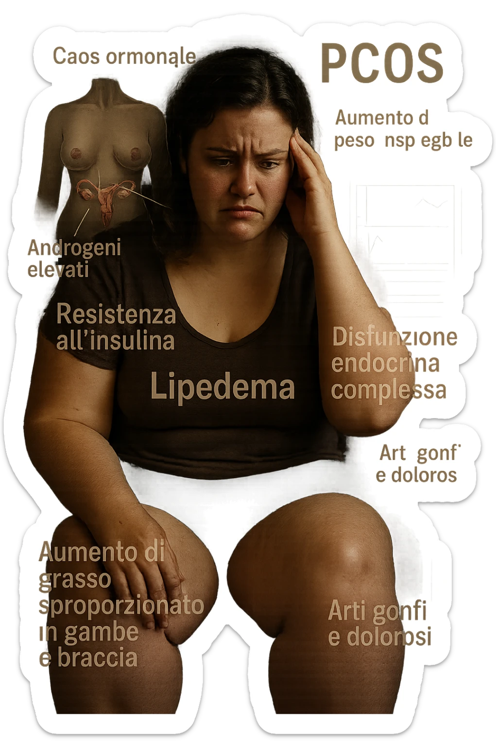 cinematic realistic in italiano Woman with PCOS struggling with hormonal chaos, transparent overlay showing elevated androgens and insulin resistance affecting her body, lipedema causing disproportionate fat accumulation in legs and arms despite normal torso, expression of frustration with unexplained weight gain, medical charts showing complex endocrine dysfunction, painful swollen limbs contrasting with metabolic confusion in italiano sticker