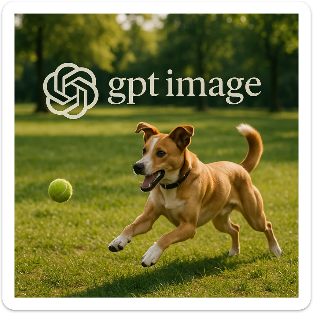  logo of chat gpt with text "gpt image" on the background of a dog chasing ball, realistic image sticker