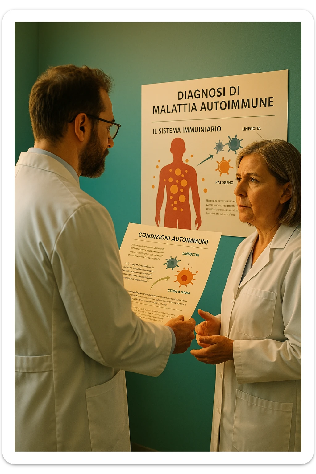 Foto tutta in italiano Realistic, detailed photo taken from behind of one doctor e un paziente —a bearded man and a middle-aged woman—standing and facing each other as they discuss an autoimmune disease diagnosis in front of a medical chart that displays information about the immune system and autoimmune conditions. The scene is illuminated by a yellowish, orange, warm light that softly envelops the doctors. The entire room is bathed in a single green-blue color, creating a cohesive and modern atmosphere. Both doctors wear white coats, and their body language suggests a serious, professional conversation about the complexities of autoimmune diseases. Shot with a Canon EOS R5, with high detail and natural depth of field. scritto in italiano sticker