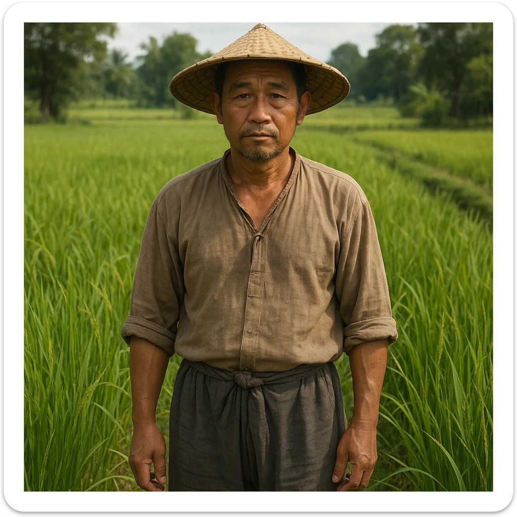a real peasant man, Asian, straw hat, loose shirt and pants, standing in a rice field, realistic, natural colors sticker