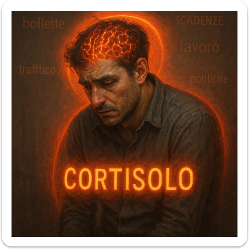 semi-realistic, moody lighting; man around 30 years old, signs of chronic stress (tired eyes, tense, curved), glowing symbols 'Cortisolo' in Italian, orange-red aura; blurred background with Italian words: 'bollette', 'scadenze', 'lavoro', 'traffico', 'notifiche'; visible brain with red-orange neural activity, surreal symbolism sticker