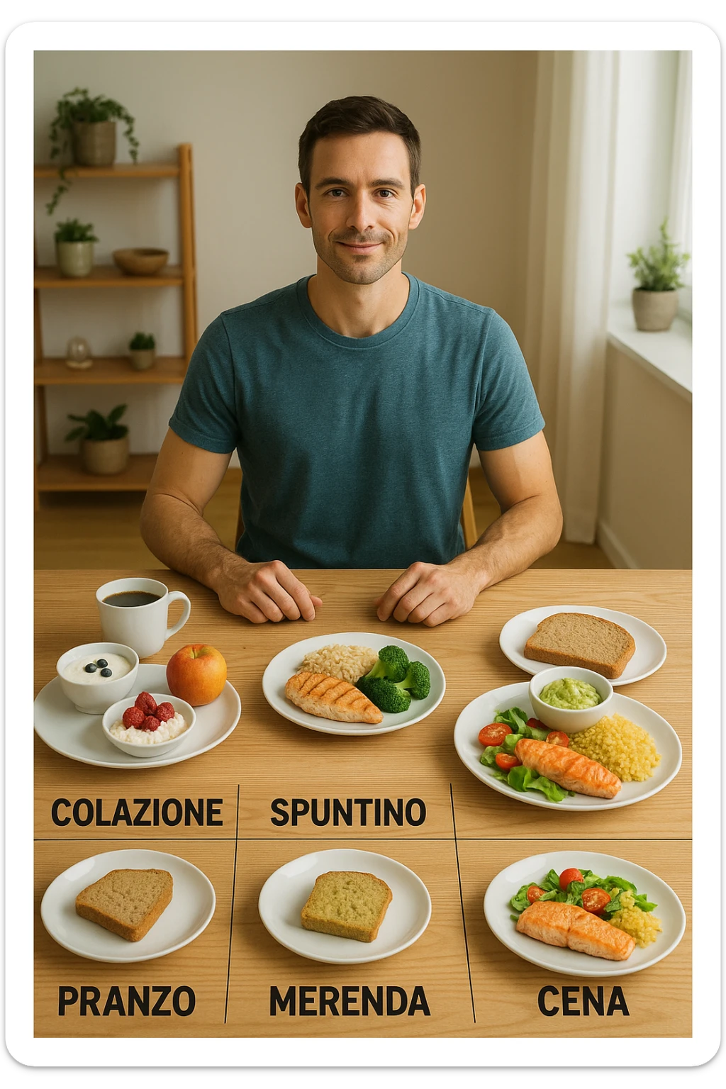 Uomo sereno con fisico sano e asciutto seduto davanti a un grande tavolo diviso in 5 sezioni, ognuna con un pasto bilanciato: colazione, spuntino, pranzo, merenda, cena. Ogni piatto ha porzioni equilibrate di proteine, carboidrati e grassi salutari. Ambiente ordinato, stile di vita sano, luce naturale, atmosfera di consapevolezza nutrizionale. in italiano sticker