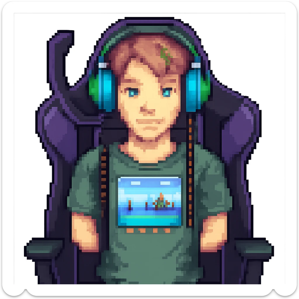 Add a gaming chair behind the streamer with headphones in pixel art style. Keep the pixel art style look and no background. sticker