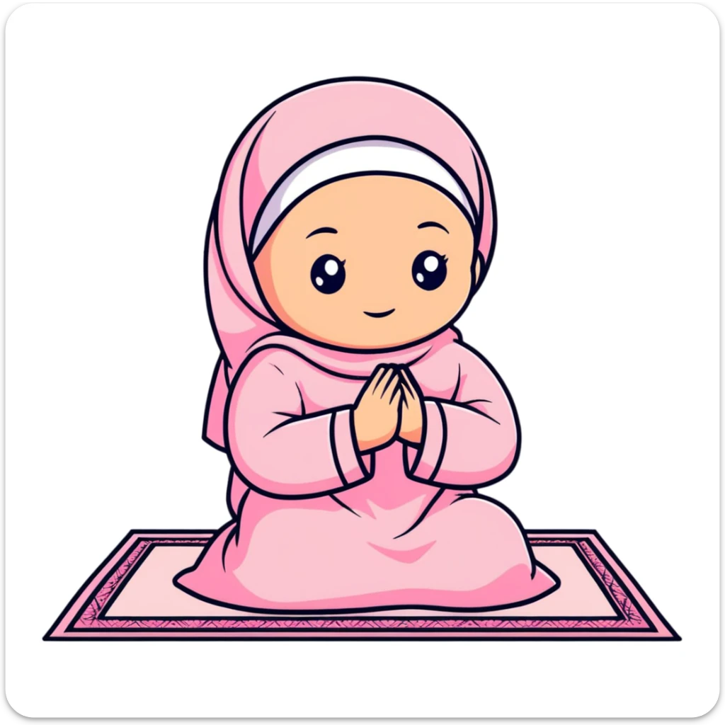 baby Muslim girl wearing pink dress on a light pink prayer rug sticker