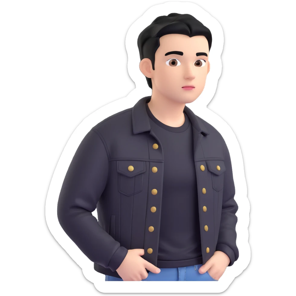 3D emoji Microsoft style, young man with black hair, wearing black t-shirt and black denim jacket, based on photo reference, neutral facial expression sticker