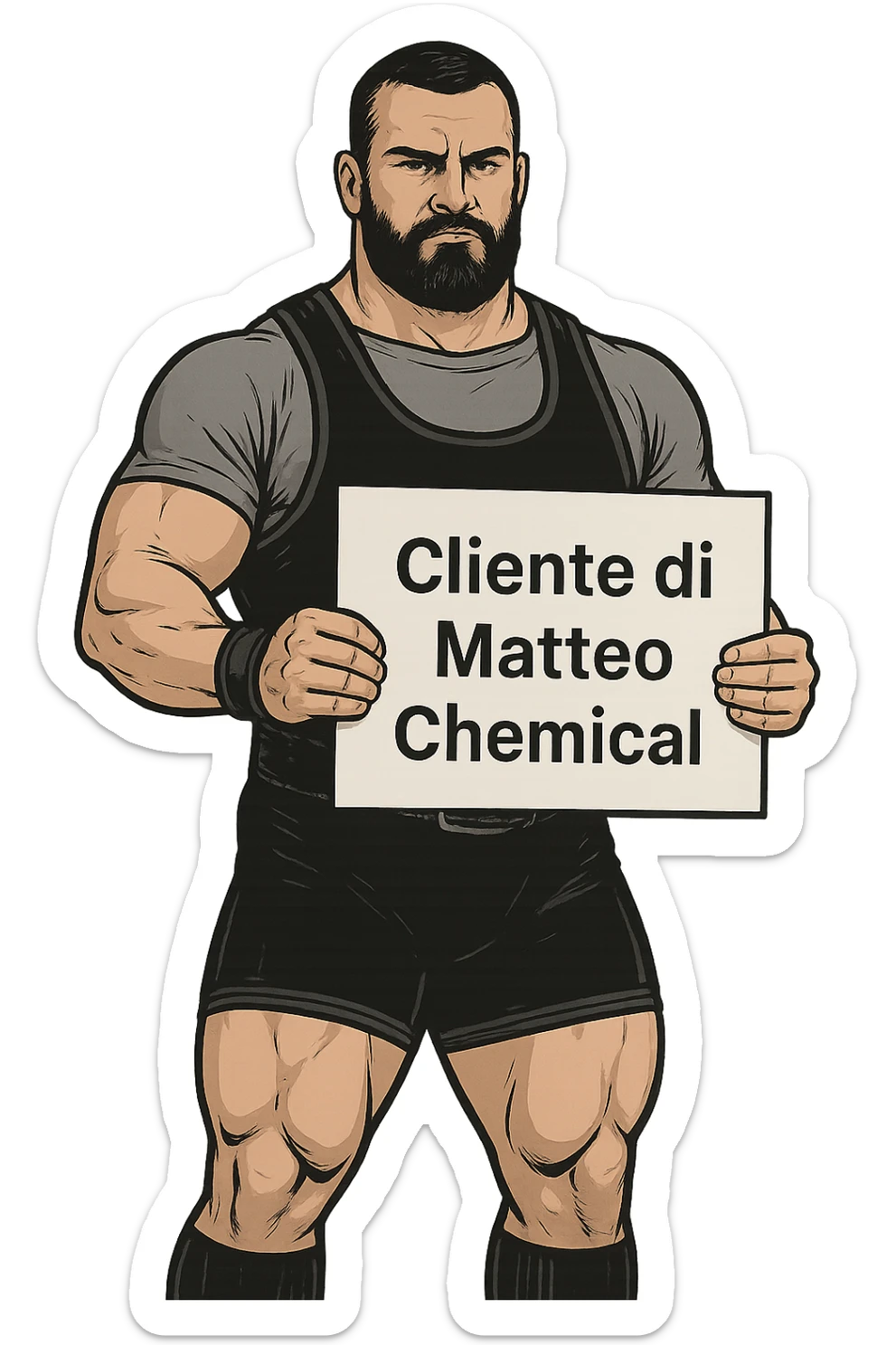 Powerlifter con in mano una targa o un foglio con scritto "Cliente di Matteo Chemical" sticker