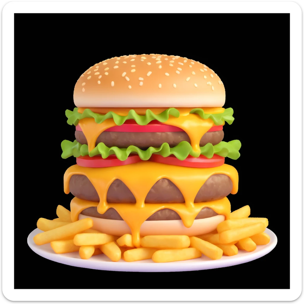 juicy triple-patty cheeseburger with melting triple cheese, crispy golden French fries on the side, hot steam rising from the food, fresh, delicious, sizzling hot, appetizing cartoon emoji style, high detail, bright colors sticker