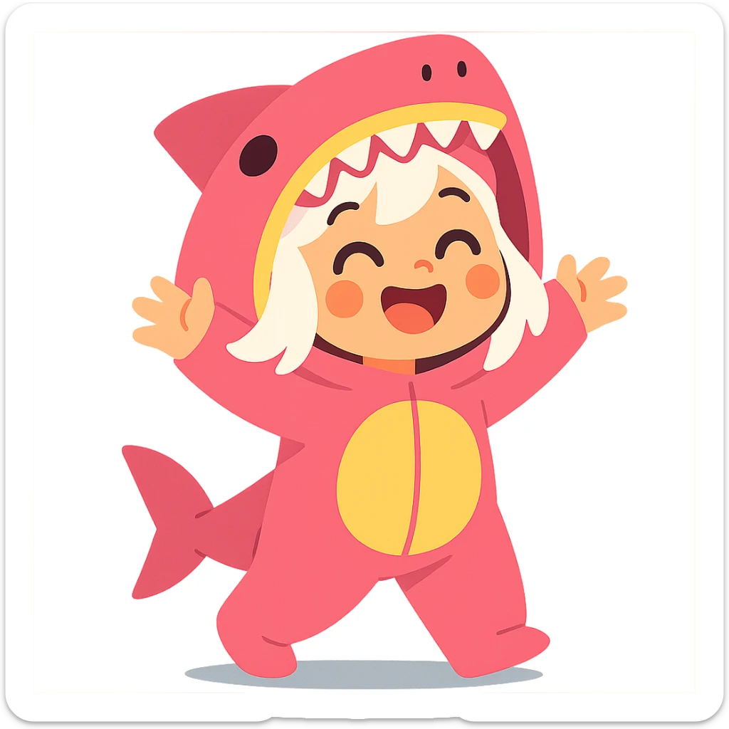 cute cartoon girl with white hair in a pink shark onesie, cheerful and joyful expression sticker
