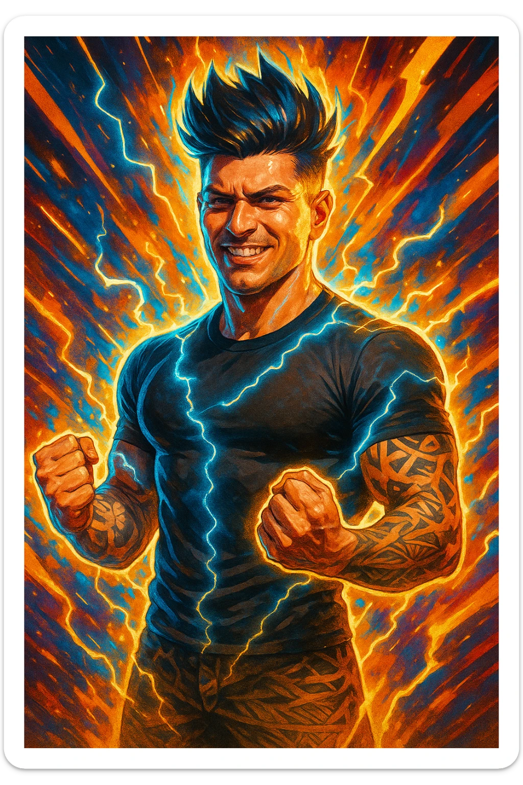 a man with a chiseled physique and wild, upward hair stands center stage, fists clenched and chest out. A radiant, electric aura envelops him, with energy lines and glowing effects highlighting his strength and masculinity. His face shows determination and pride, and the background features explosive, dynamic patterns. sticker