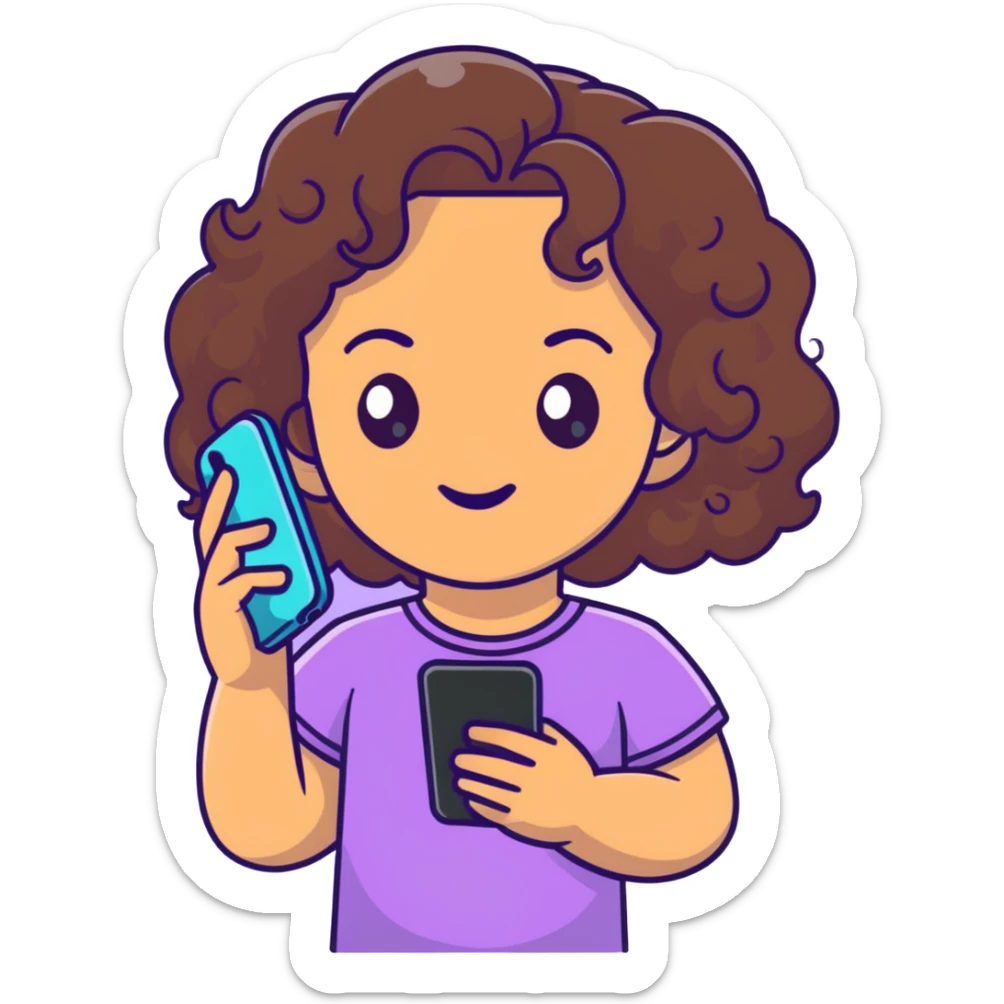 brunette girl with curly medium length hair, brown eyes, slightly tan skin, holding a phone sticker