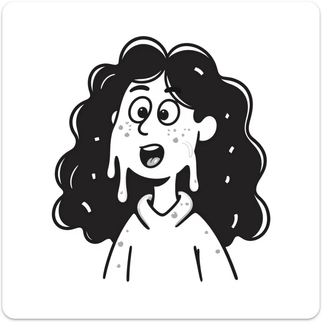 shocked woman with long messy curly black hair, thick goopy white liquid on cheeks, lips, tongue, tongue out, eyes wide open, gunk dripping and matting hair sticker