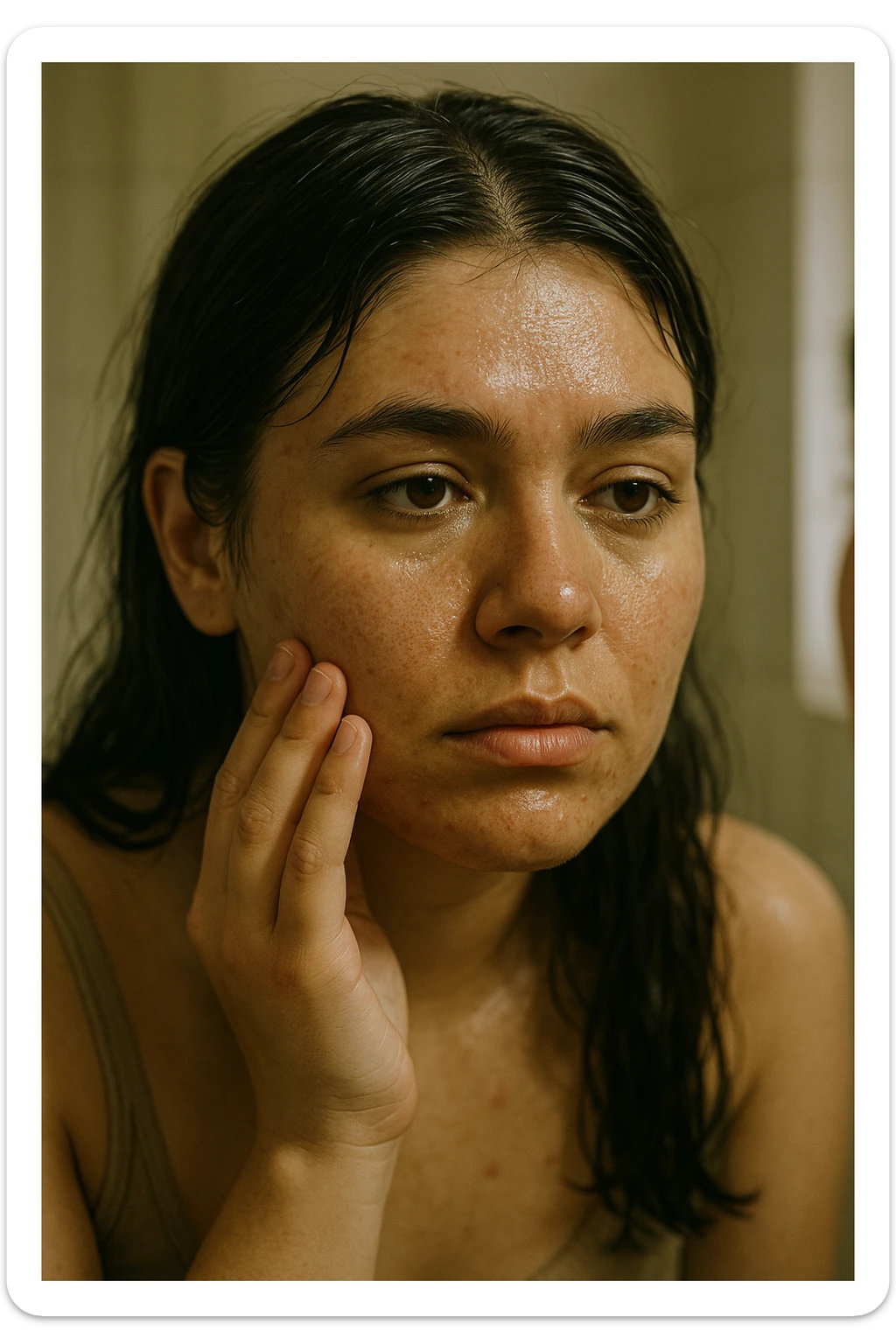 A highly realistic, cinematic close-up portrait of a young woman in her late 20s with medium skin tone, showing visible oily skin and enlarged pores on her cheeks, nose, and forehead. Her skin has a noticeable shiny appearance due to excessive sebum production, and small acne spots are visible along her jawline and chin, indicating hormonal imbalance. Her dark hair appears greasy, clumping in some areas near her scalp, emphasizing unwashed, oily hair due to overactive sebaceous glands caused by PCOS. The woman looks at herself in the mirror with a tired yet hopeful expression, gently touching her cheek with her fingertips as she observes her skin condition. The setting is a softly lit bathroom with natural daylight, and the reflection shows the detail of her skin texture and greasy hair strands. Style: 35mm hyperrealistic film, warm neutral tones with soft depth of field, focusing on the oily skin texture, visible pores, and greasy hair to clearly illustrate the visual symptoms of PCOS. in italiano sticker
