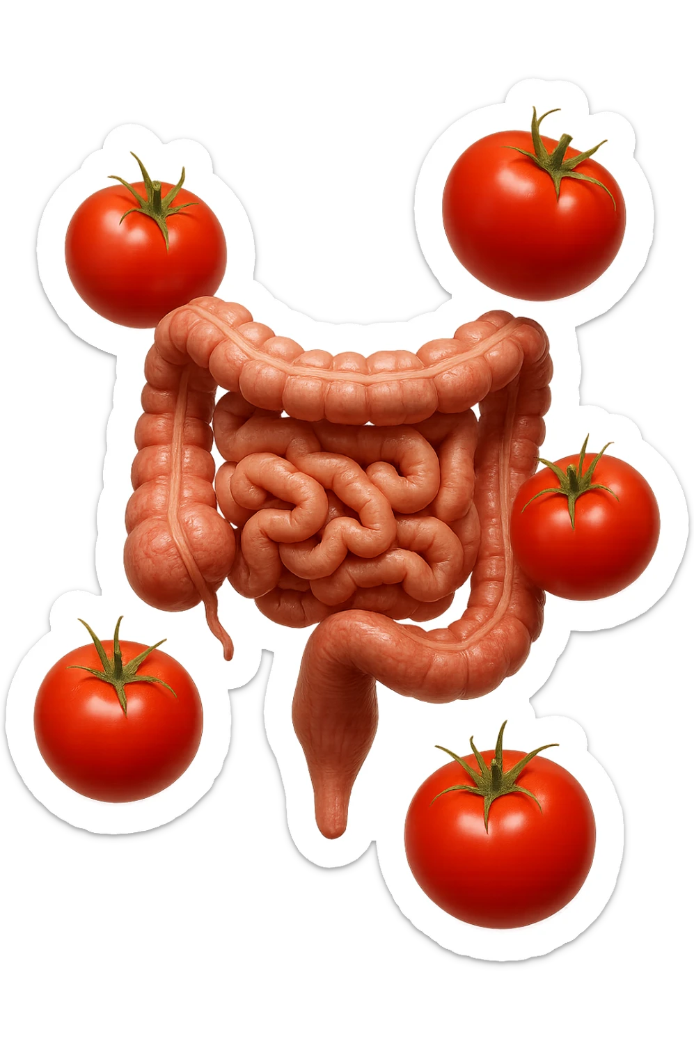 intestino umano anatomico con pomodori che gli fluttuano intorno, iperrealistico 4k sticker