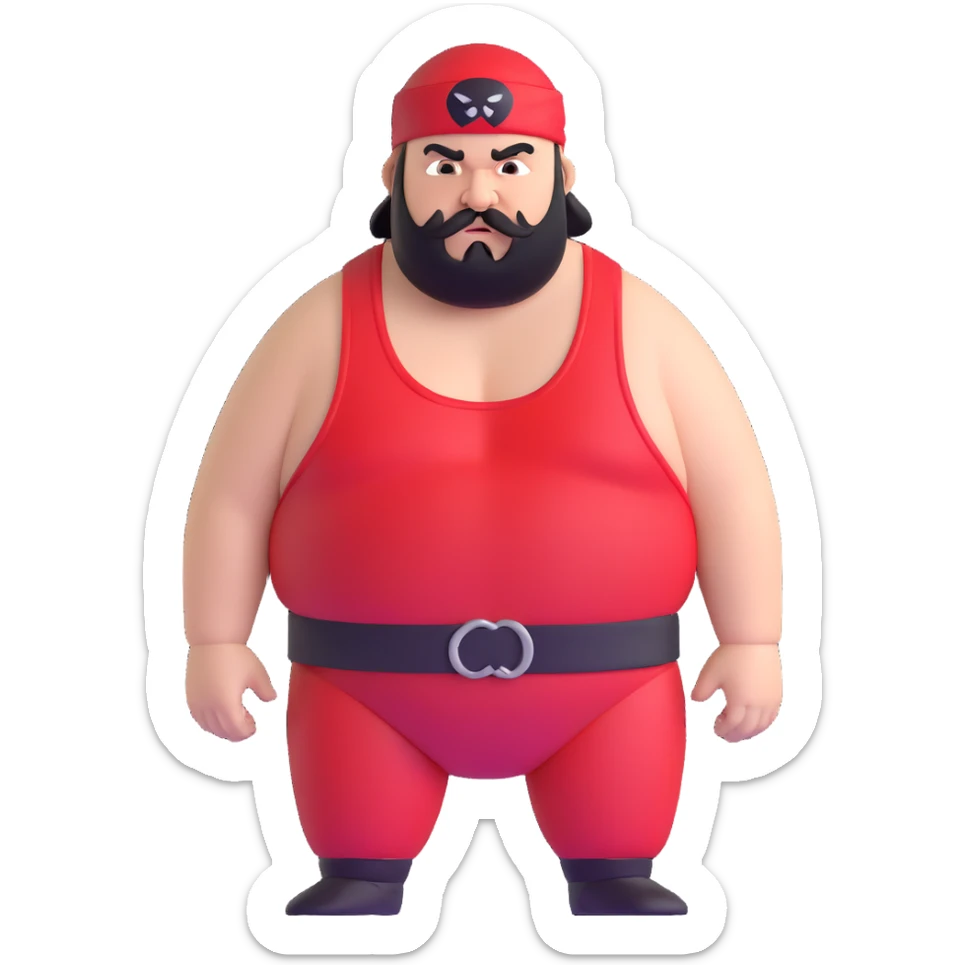 Close-up of morbidly obese white skin guy with young face, prominent BLACK DURAG tied clearly on head, distinct black beard and mustache, no muscle, black eyes in a red and black wrestling singlet with angry face sticker