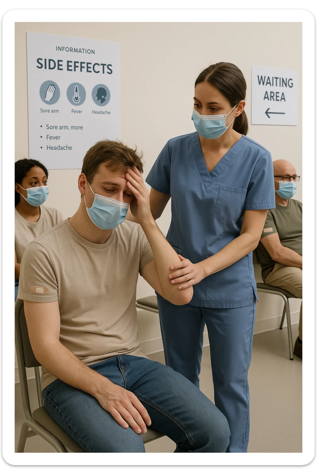 a group of people in a waiting area after vaccination, with one person looking slightly uncomfortable or dizzy. A nurse is nearby, ready to assist, and informational materials about possible side effects are visible on the wall. The mood is calm and responsible, emphasizing monitoring and care. in italiano sticker