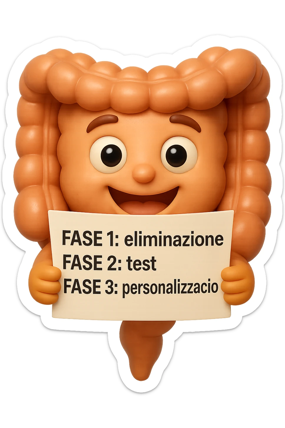 emoji stile iphone 3d di un intestino che tiene in mano un foglio con la scritta "FASE 1: eliminazione, FASE 2: test, FASE 3: personalizzazione, IPERREALISTICO 4K sticker