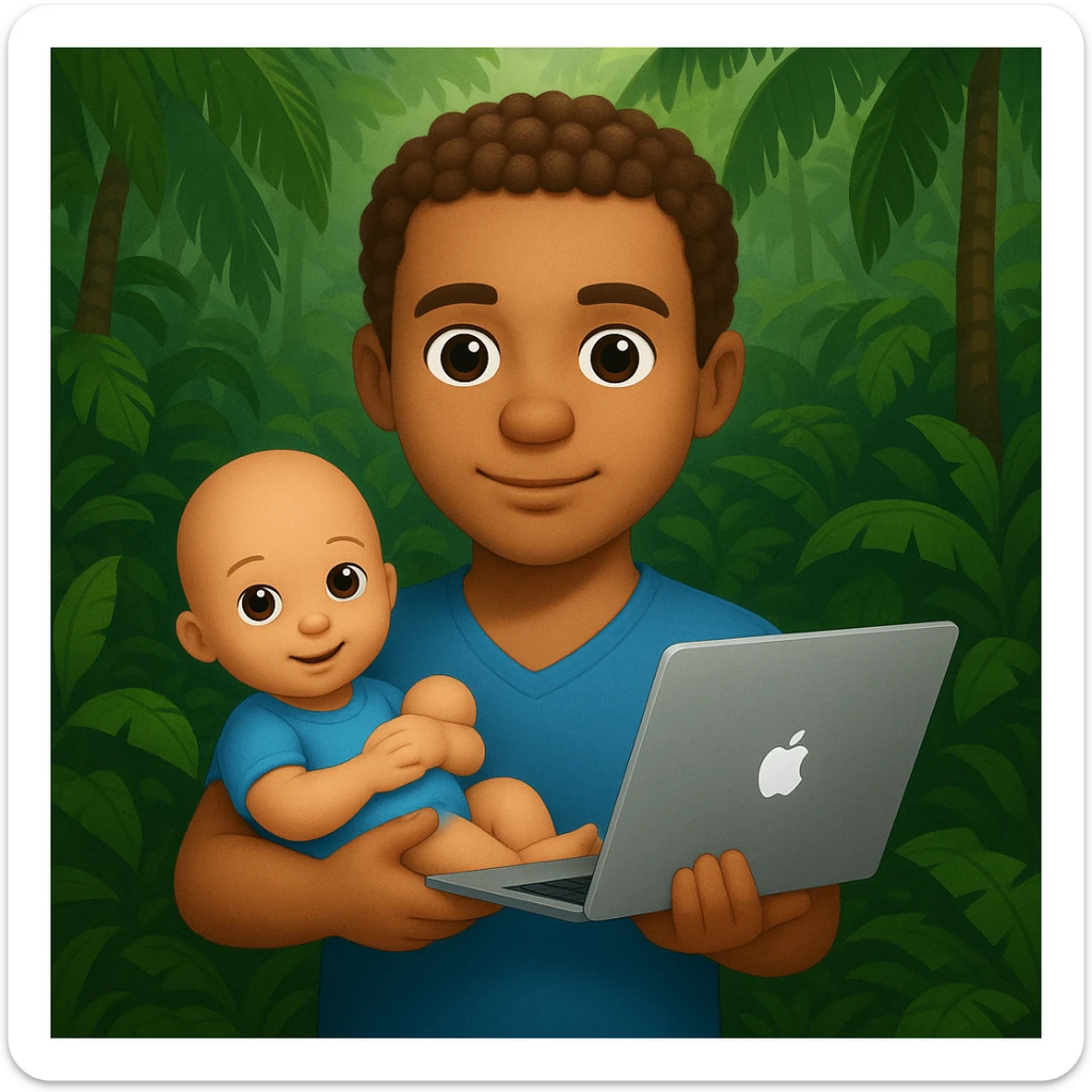 Edit the image to change the baby doll to have no hair, make the guy's hair less curly, and add more jungle background. Keep the style similar to the original image. sticker