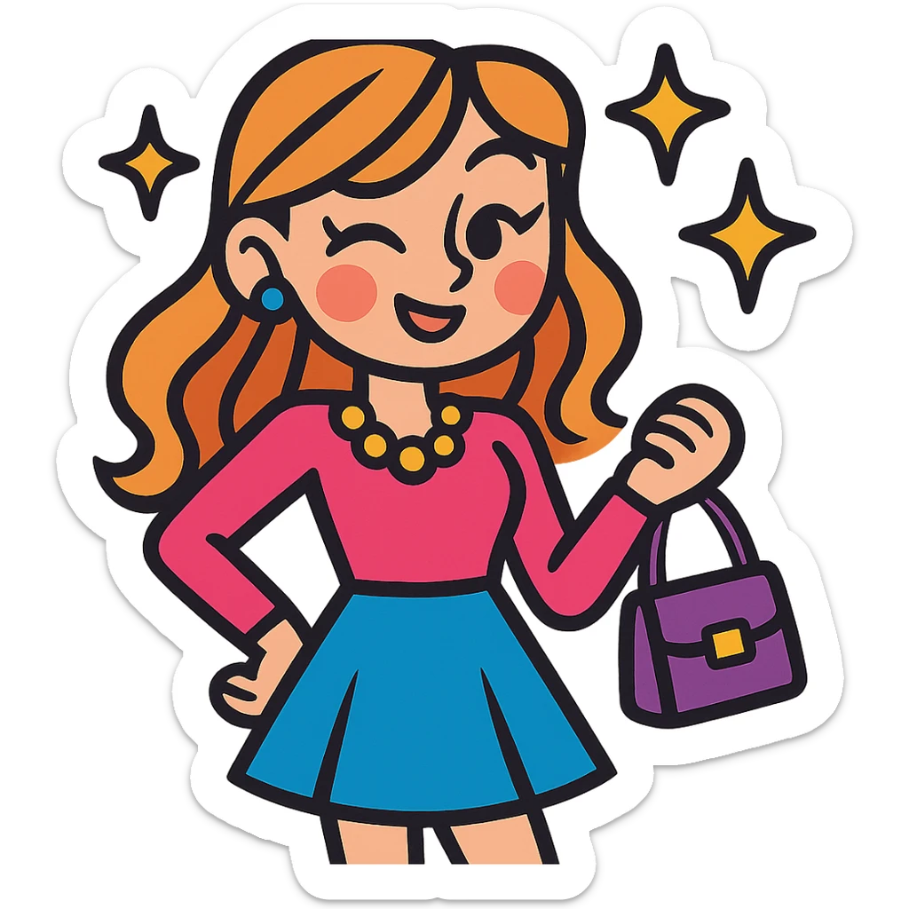 girly girl in a stylish outfit winking, holding a purse, with stars, vibrant toon style sticker