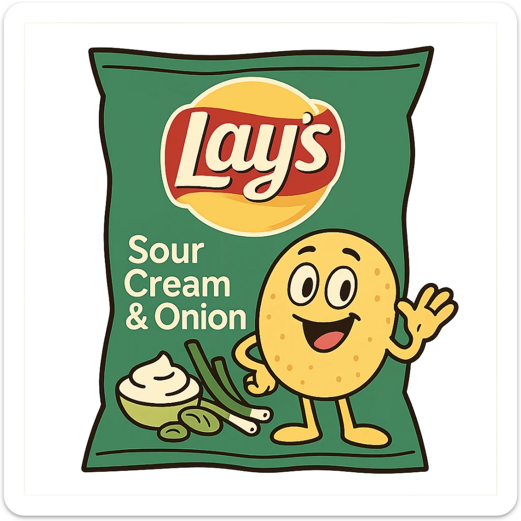 cartoon style Lay's Sour Cream and Onion, smiling chip mascot, green bag, playful and fun sticker