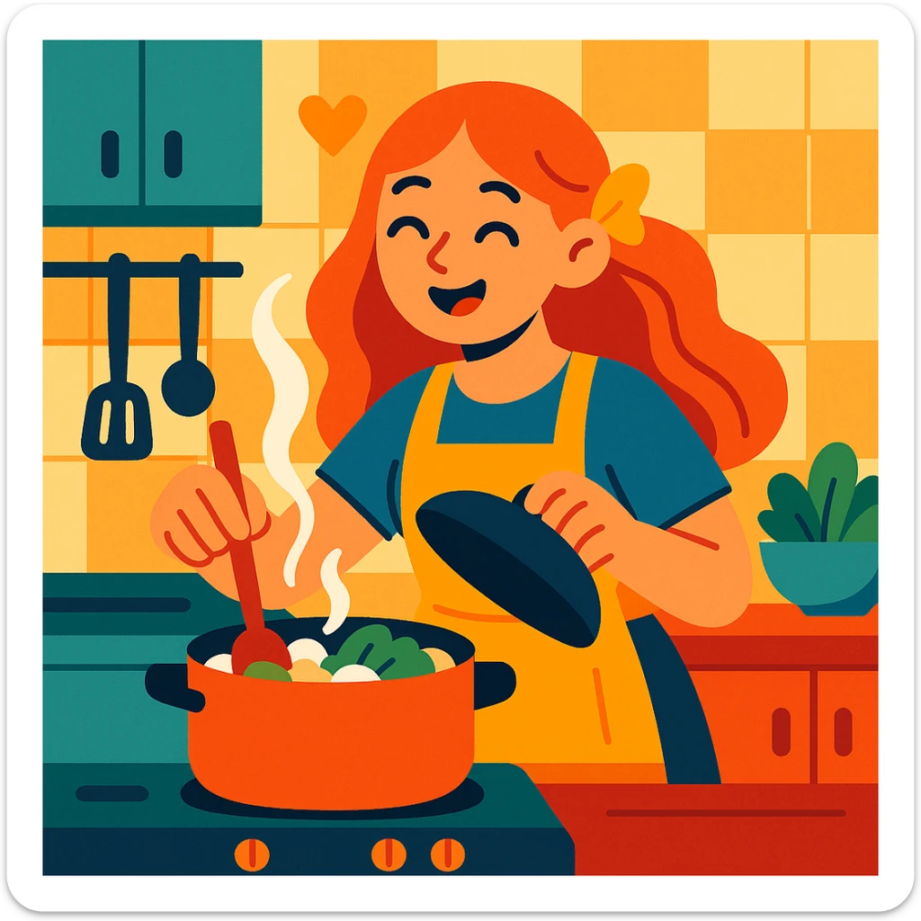 a happy girl cooking food, expressing love and joy, daily life scene, vibrant and cheerful sticker