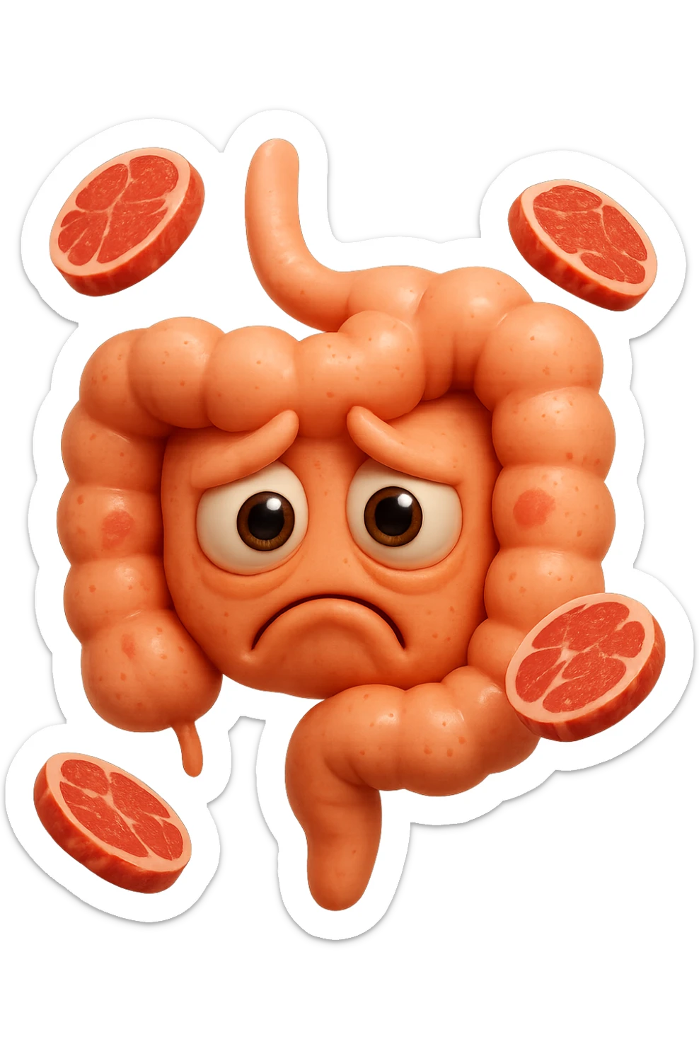 emoji stile iphone in 3d di un intestino triste con fette di carne che gli fluttuano intorno, gli occhi falli con la parte bianca pure, iperrealistico 4k sticker