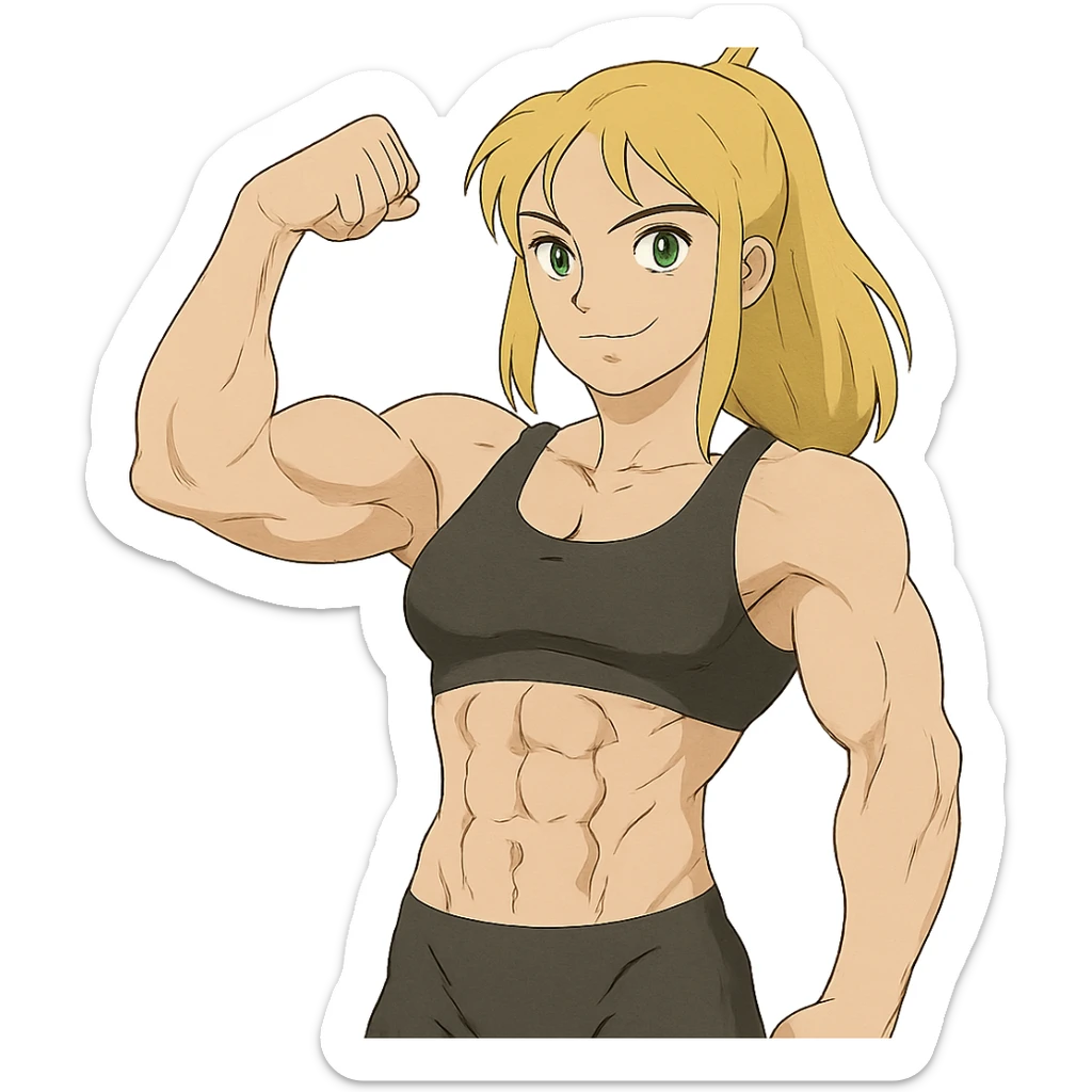 muscular white girl with blonde hair and green eyes, flexing 6 pack abs and one arm bicep sticker