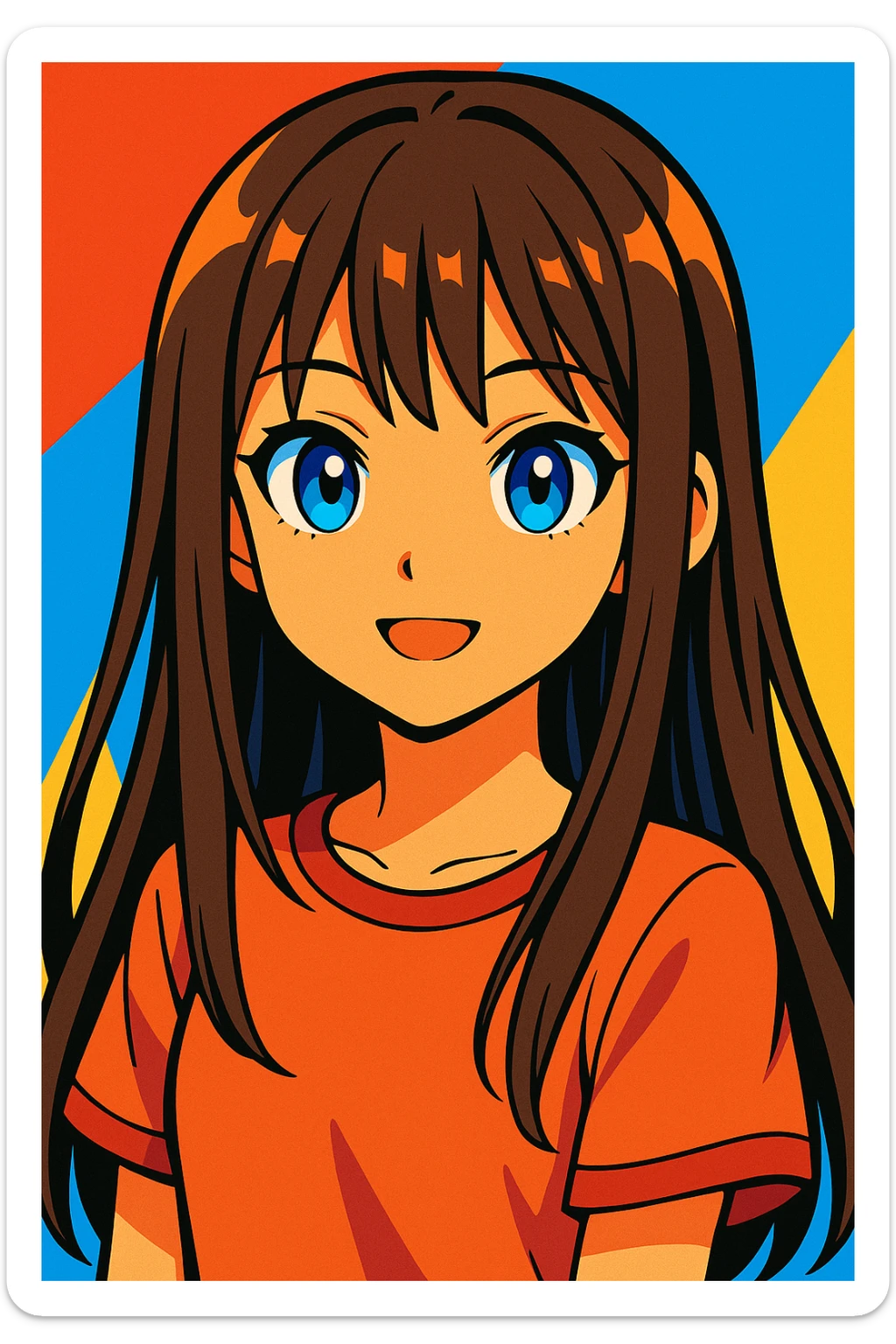 portrait of a girl with long straight brunette hair and blue eyes, vibrant anime style sticker