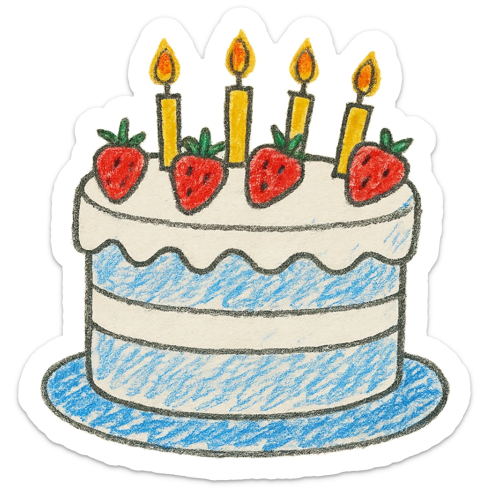 white birthday cake with strawberries and candles, cheerful and fun, children doodle style sticker