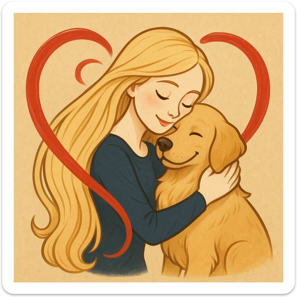 A pretty woman with pale skin and very long blonde hair hugging a dog, with a heart swirling around her. sticker
