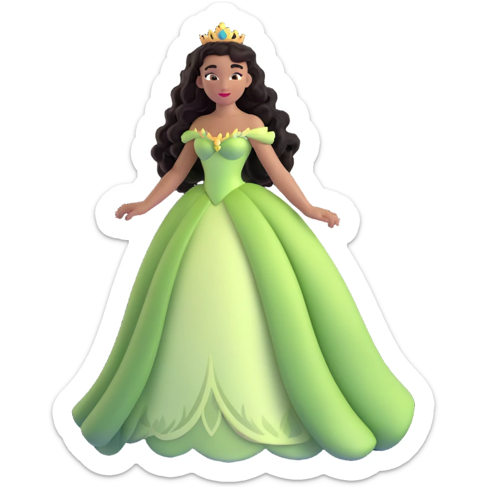 Disney Princess Tiana with extremely long black curly hair flowing down, 2c-3b curl pattern sticker