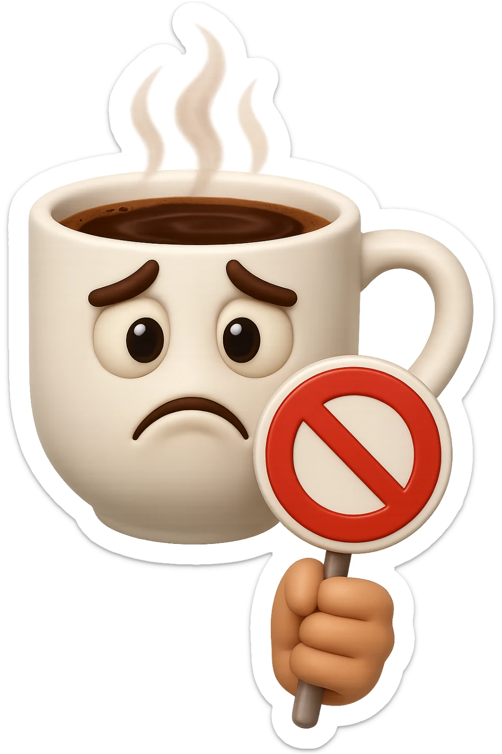emoji stile iphone di una tazzina di caffè con espressione triste in volto mentre tiene un divieto in mano, iperrealistico 4k sticker