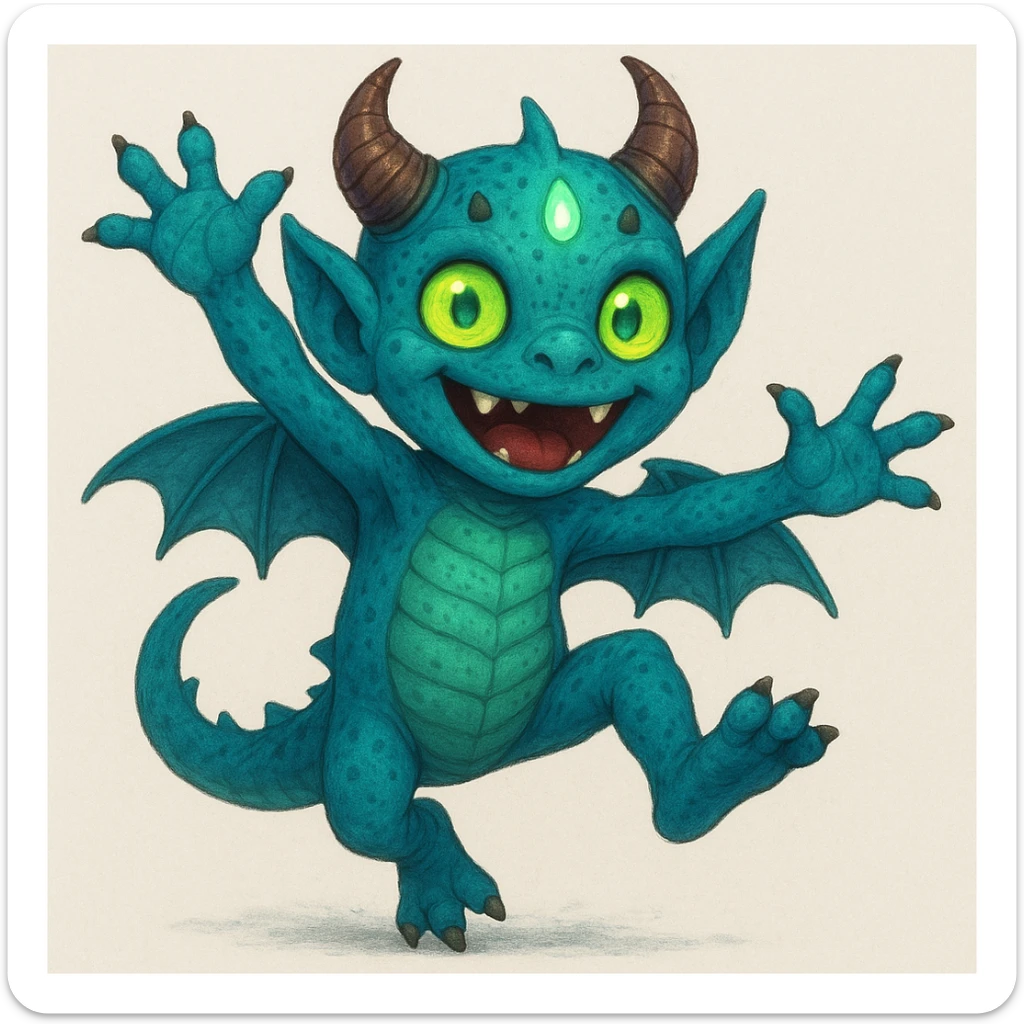 Give the kid a playful, energetic pose while keeping the blend of 60% dragon (reptilian features, wings), 20% demon (horns, fangs), and 20% alien (strange skin color, glowing elements). sticker
