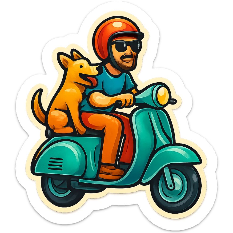 man and his pet dog riding a vespa sticker