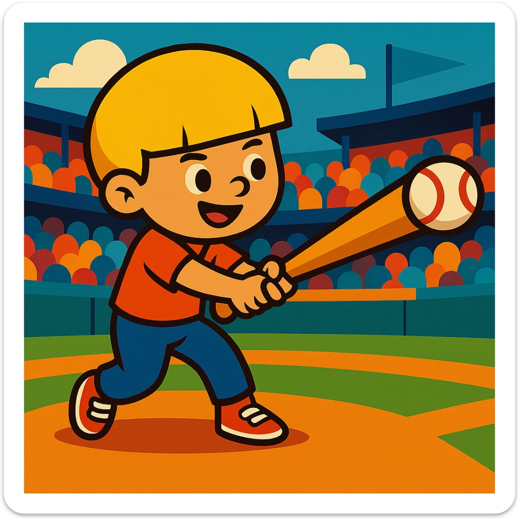 Change the boy's hair to blonde, keep the bowl cut, vibrant cartoon style, mid-swing, baseball bat connecting with the ball, stadium background, vibrant colors. sticker