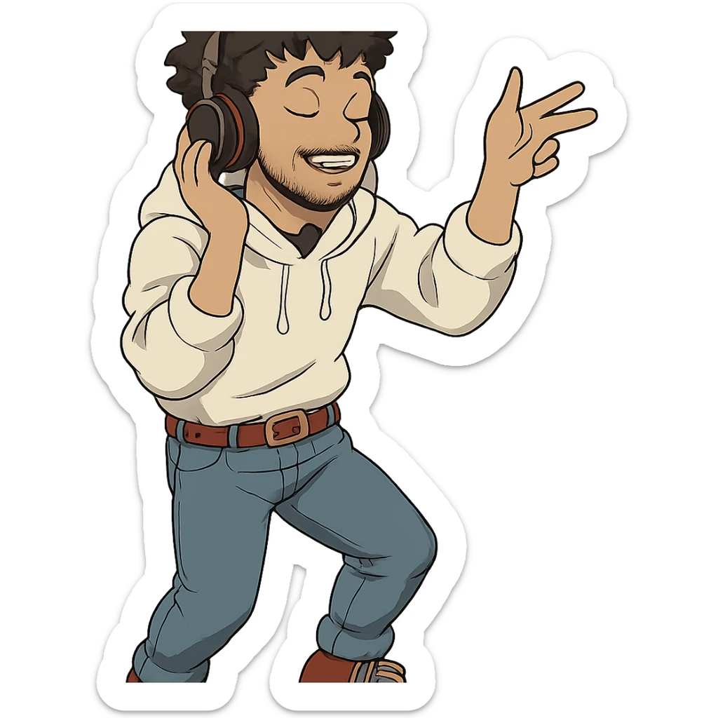 1 male, mid fade haircut dark chestnut brown curly hair, toasted lightskin, white hoodie sleeves up, fashion jeans, red fashion-sneakers shoes, red belt, short trimmed beard and goatee,  style of deku from "my hero academia", headphones on jammin', twtich emote sticker