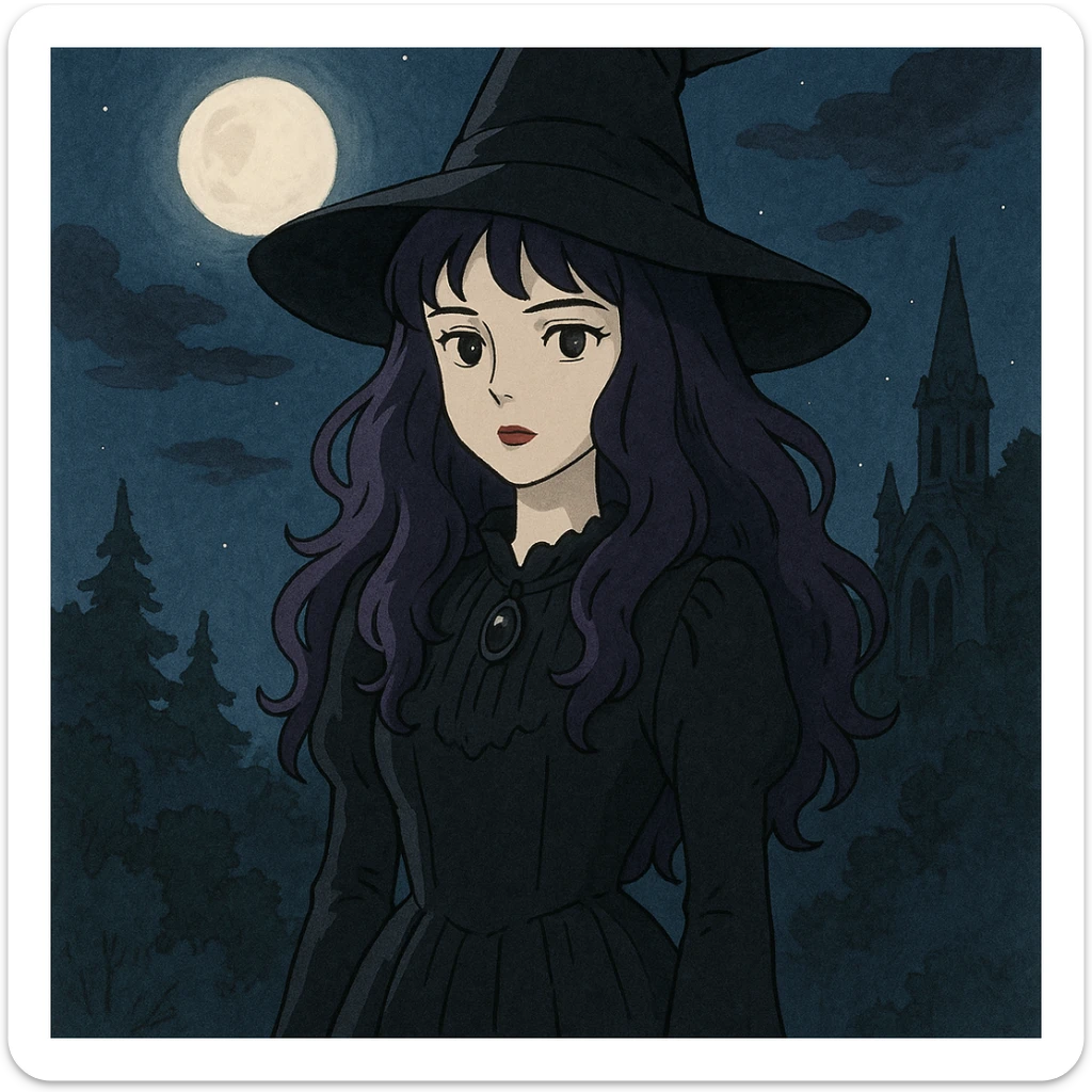 gothic woman with purple hair, witchy touch, standing in moonlight, ghibli style sticker