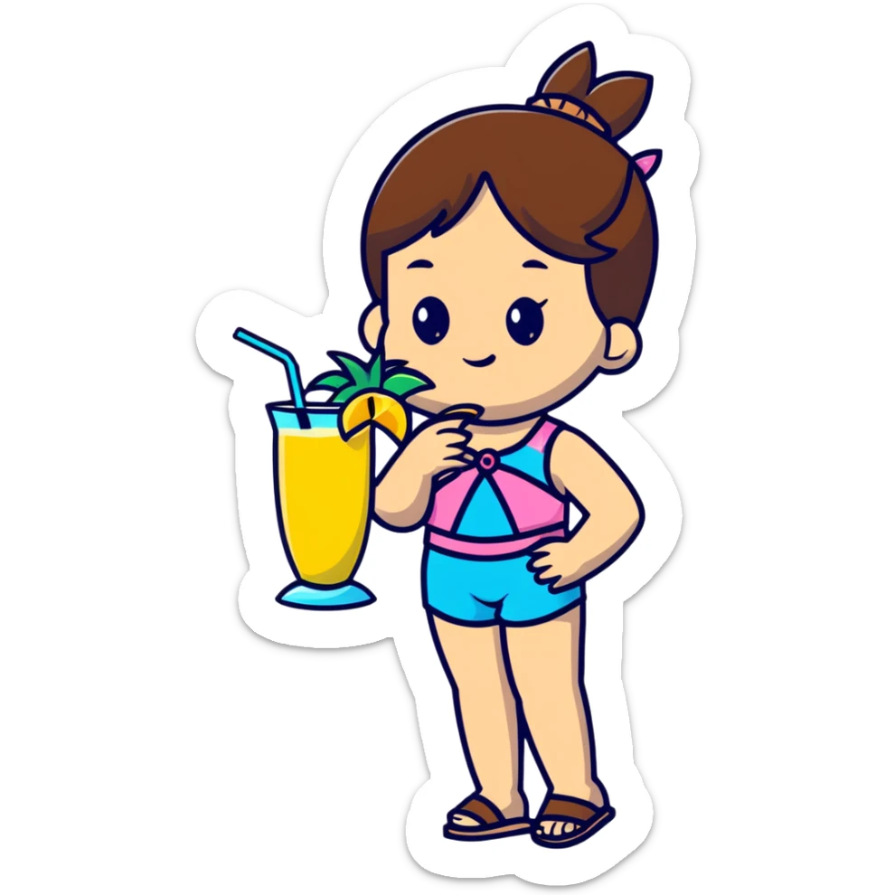 Very tan skinned girl with brown hair wearing a summer outfit sipping a piña colada sticker