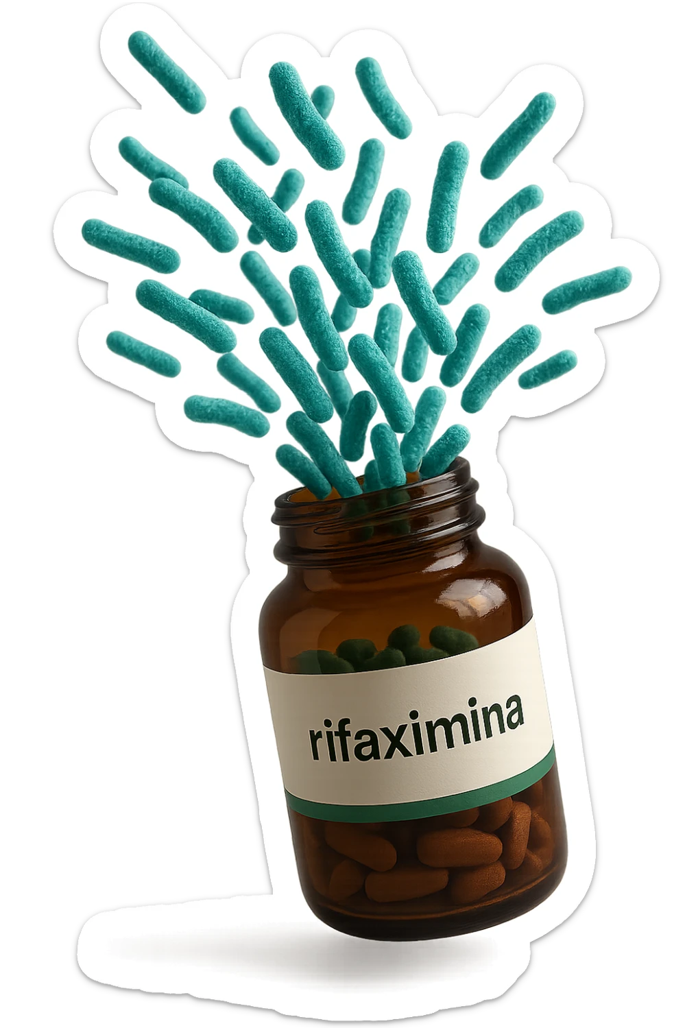 barattolo di medicinale con la scritta "rifaximina" sull'etichetta fluttua in aria, da dentro al barattolo escono batteri intestinali turchesi, iperrealistico 4k sticker