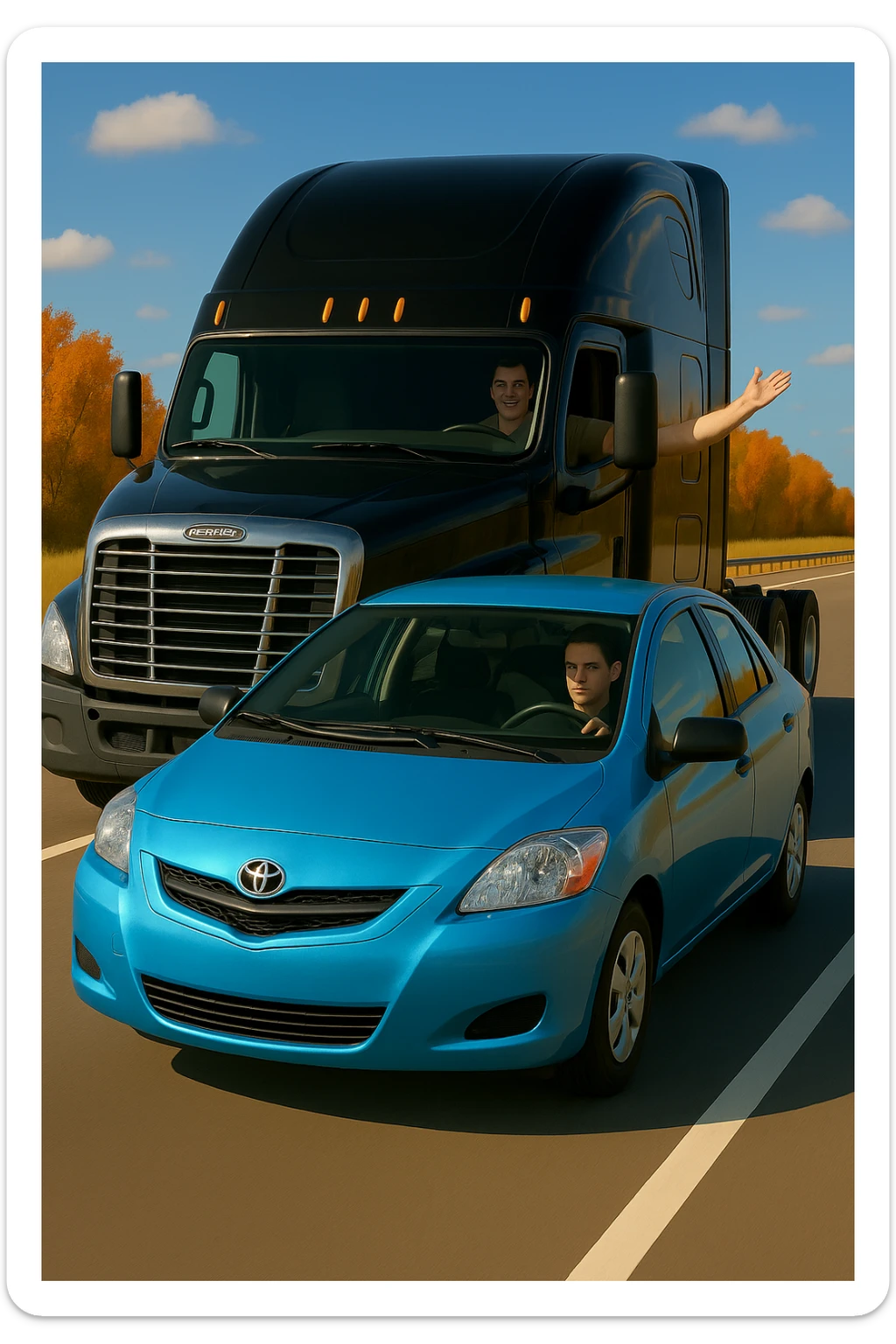 Add a person in the black semi truck with their arm out the window. Keep the scene bright and vibrant, with a person in the car in front. sticker
