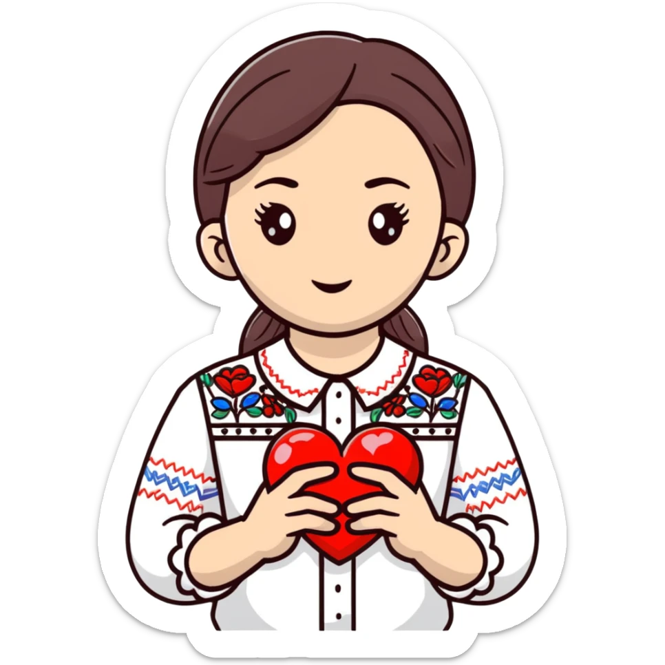 Beautiful young girl in a white Ukrainian embroidered shirt holds a large embroidered heart in her hands sticker