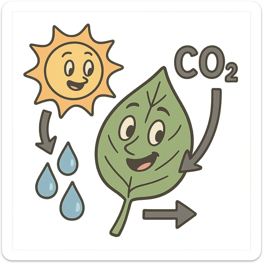 cartoon-style diagram of photosynthesis: leaf, sun, water droplets, and CO2 arrows, transparent background sticker