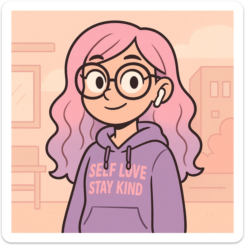 cute and modern digital avatar of a teenage girl with pastel pink and lavender ombre hair, oversized glasses, stylish hoodie with English phrases, wireless earbuds, confident and friendly expression, standing in front of a soft background with abstract classroom or city elements, clean 2D digital illustration, slightly cartoonish but polished, Instagram-style color palette sticker
